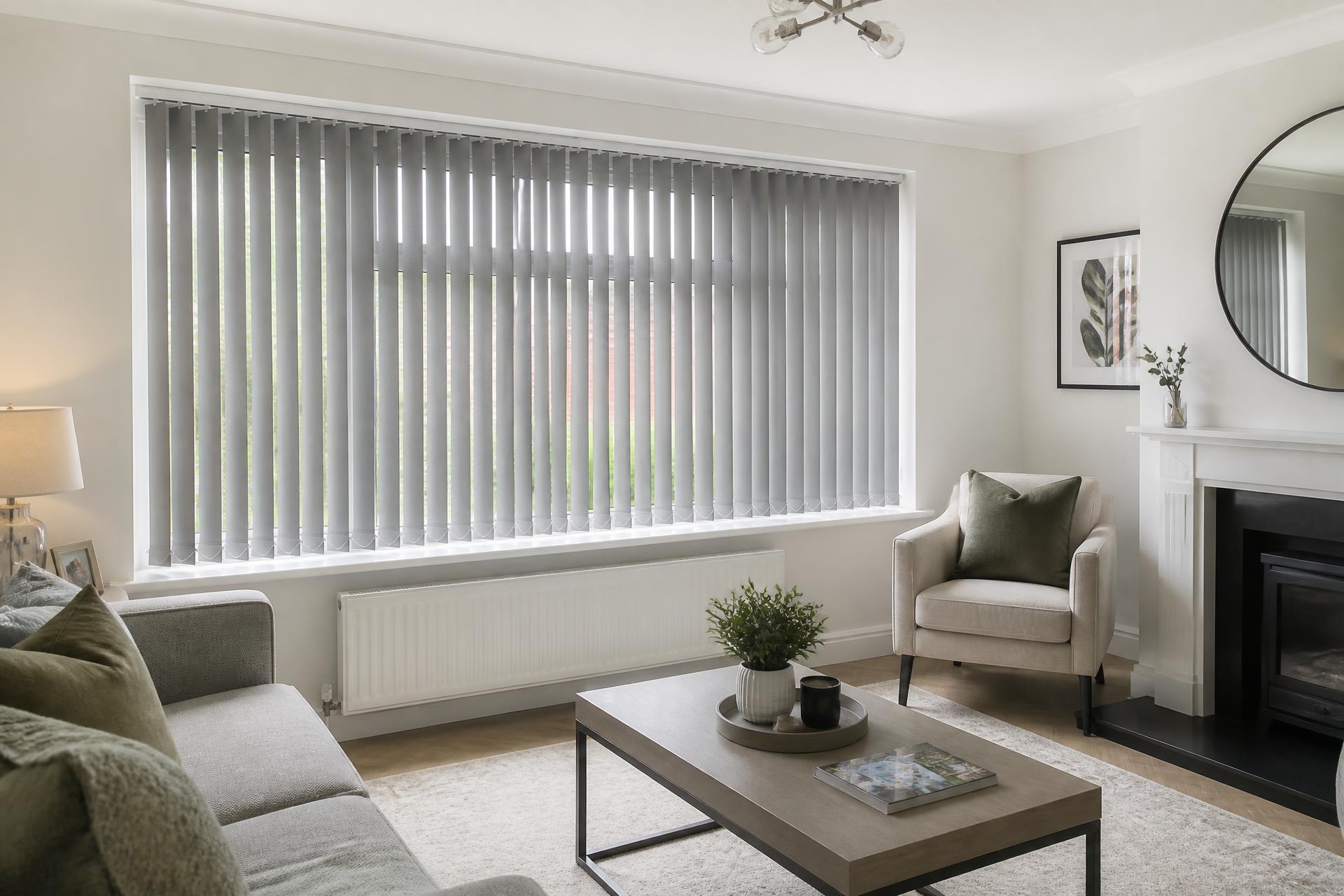 Made-to-measure vertical blinds fitted in a bright Nottinghamshire living room